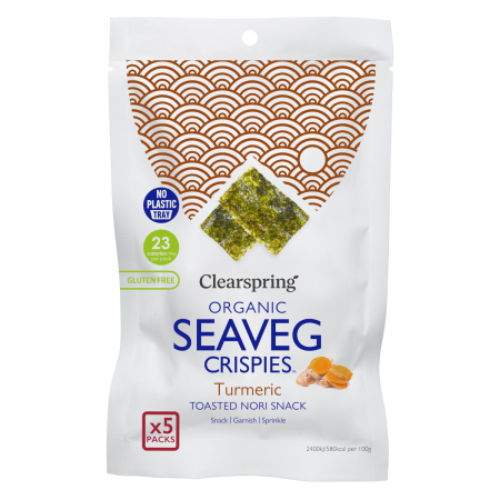 Seaveg Crispies (gerösteter Nori Snack) Multipack - Kurkuma, BIO, Clearspring, 5x4g